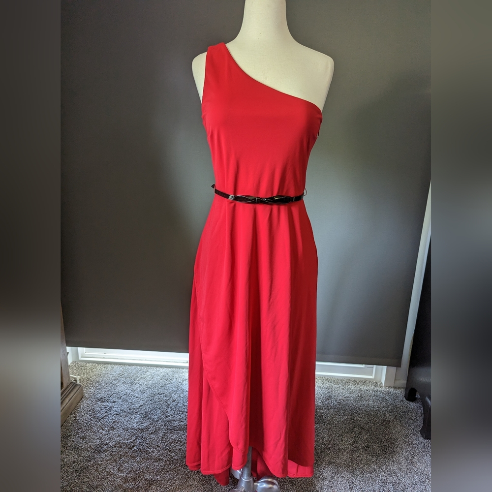 Kate Young, red, one shoulder, asymmetrical hem, gown with belt (sz 6)